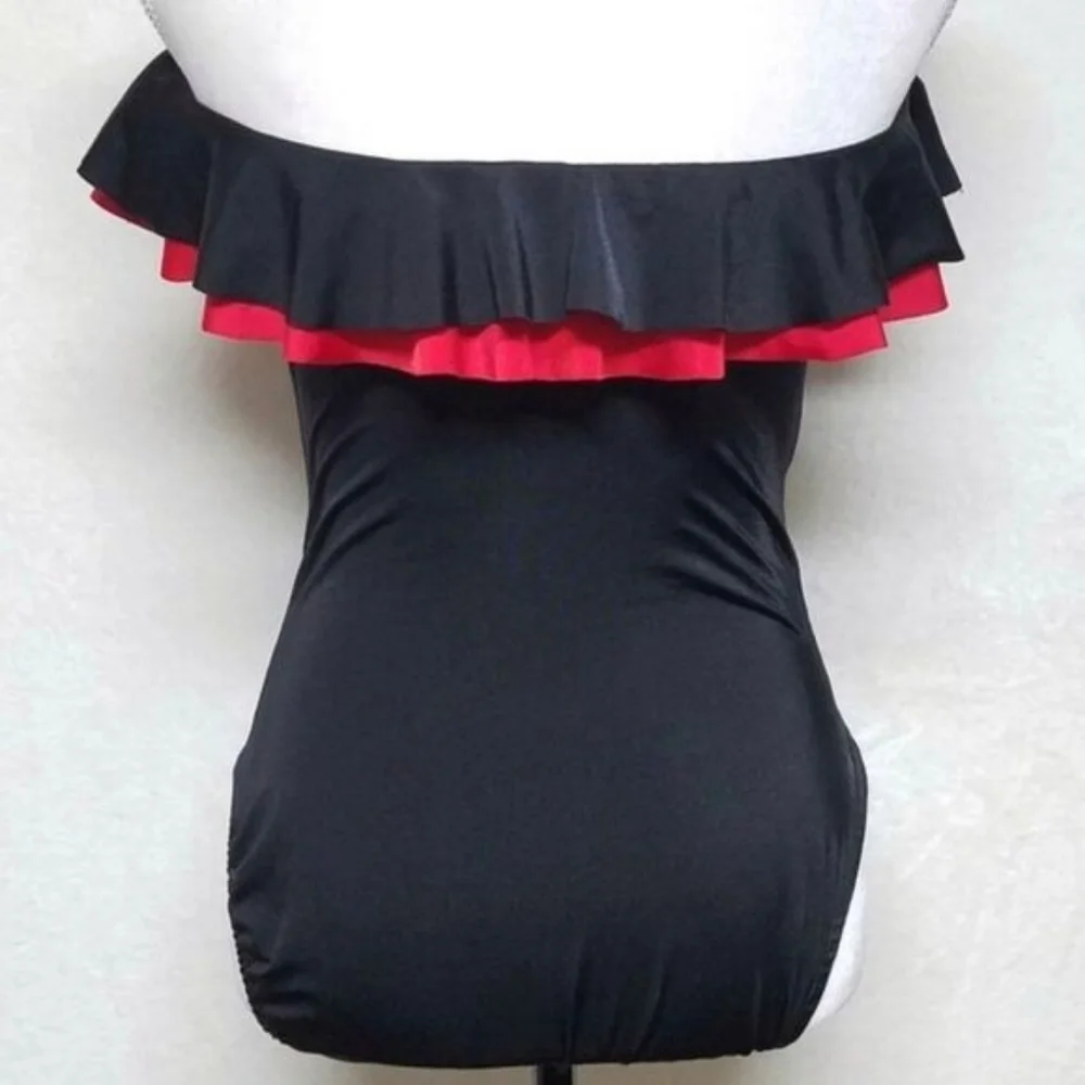 Bill Blass Vintage 70s Black Red Strapless Ruffle Bustier Swimsuit Bodysuit 10